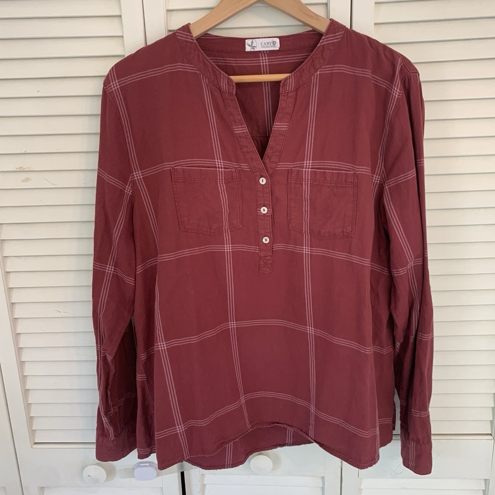Carve Designs Dylan Twill Shirt Women XL Maroon Organic Cotton Plaid Top Coastal